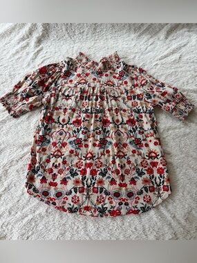 LOFT Floral Smocked Neck Blouse in Cream with Red & Navy